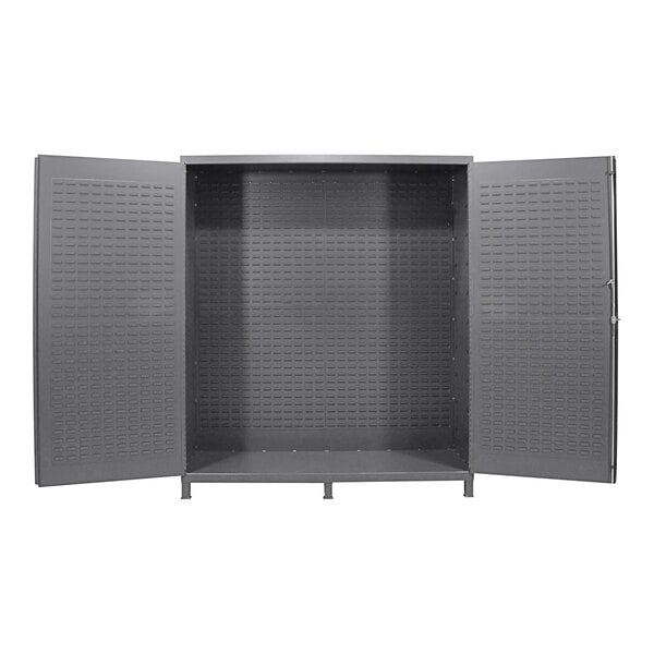 A grey metal Valley Craft storage cabinet with open doors.
