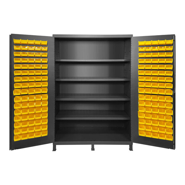 A black metal Valley Craft storage cabinet with yellow bins on the shelves.