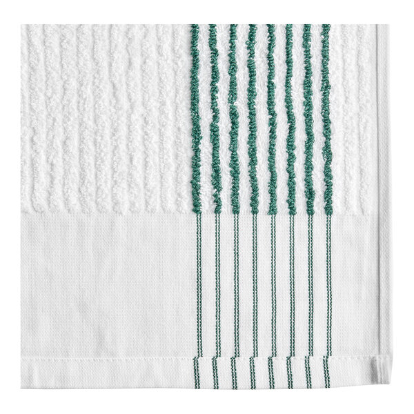 A close-up of a white and green striped Oxford gym towel.