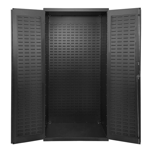 A black steel Valley Craft storage cabinet with open doors.