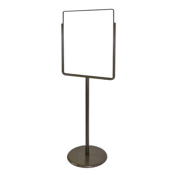 A bronze single-sided pedestal sign holder with a rectangular frame and round base, designed to display 22" x 28" signs.