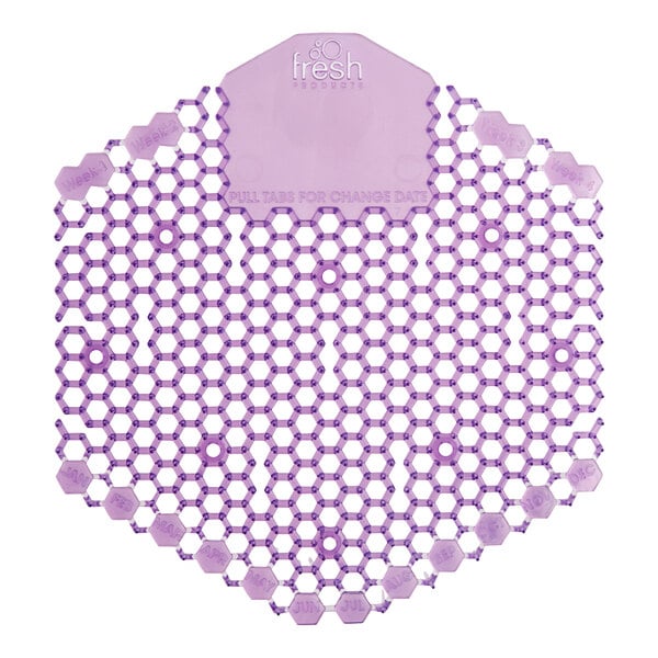 A purple hexagon shaped Fresh Wave urinal screen.