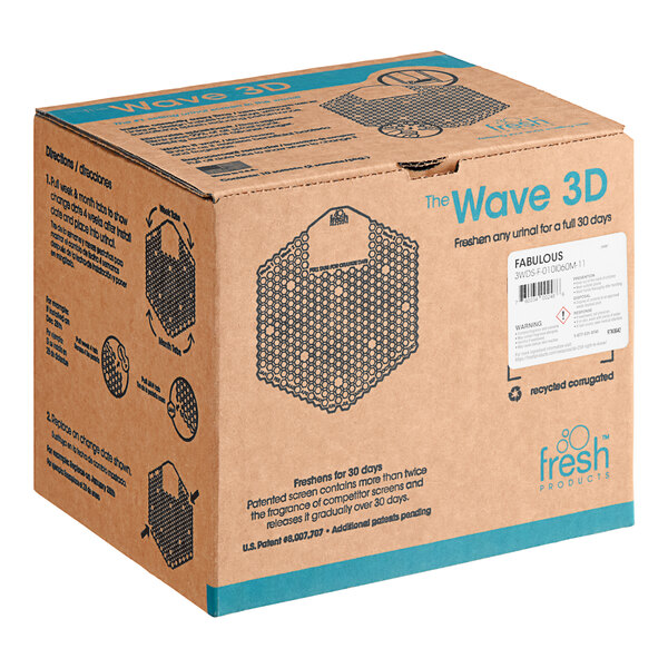 A cardboard box with blue text for Fresh Products Wave 3D Fabulous Scent Urinal Screens.