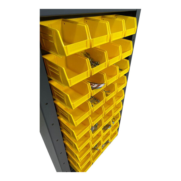 A Valley Craft yellow steel storage cabinet with yellow bins on shelves.