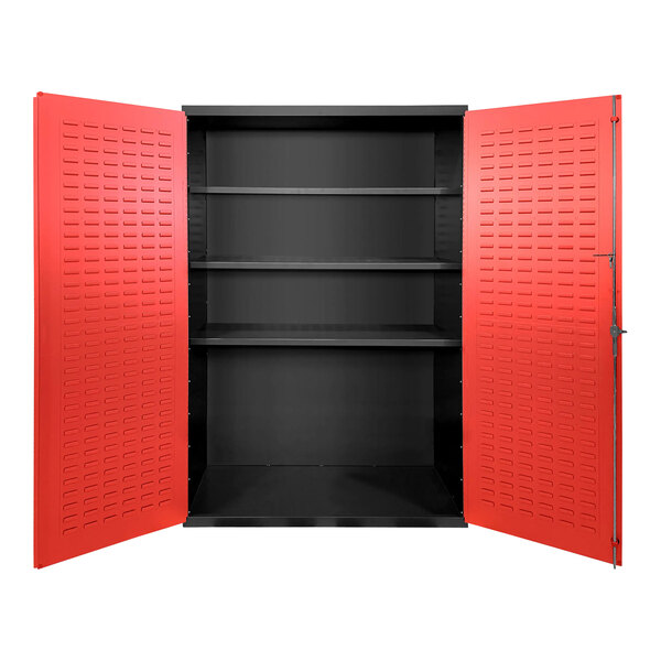 A black metal Valley Craft storage cabinet with red doors.