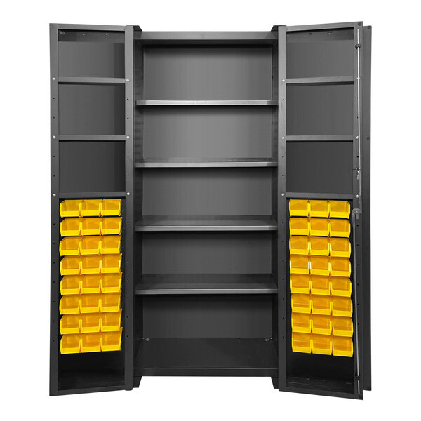 A black metal Valley Craft storage cabinet with yellow bins on the door shelves.