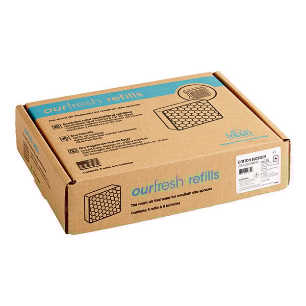 A cardboard box with blue and white text for Fresh Products Ourfresh Cotton Blossom Scent air freshener refills.