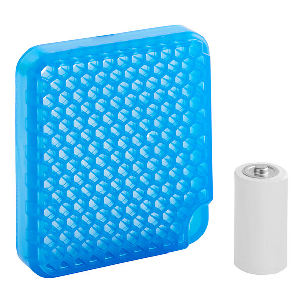 A white rectangular plastic container with a blue and white label and battery.