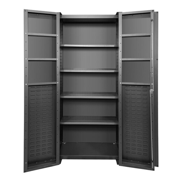 A gray metal Valley Craft storage cabinet with open doors and shelves.