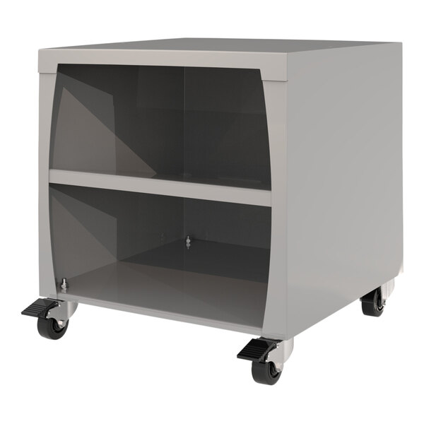 A white metal shelf with black wheels.