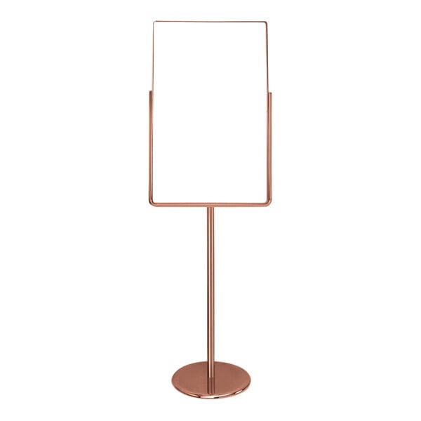 A bronze United Visual Products sign holder on a metal stand with a white sign.