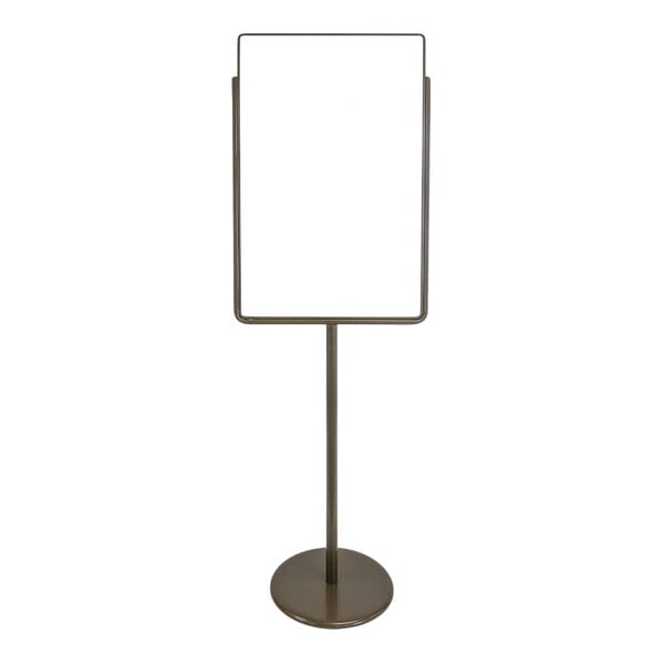 A bronze single-sided pedestal sign holder with a rectangular frame and round base.