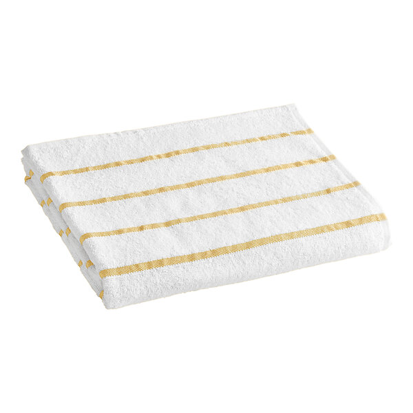 A white towel with yellow stripes.