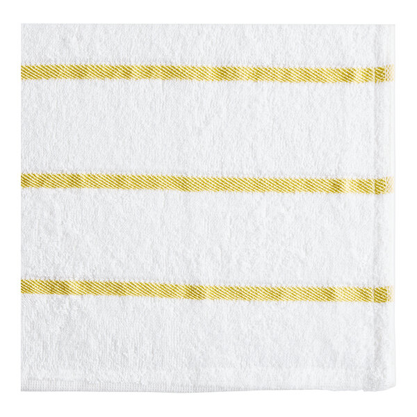 A white towel with yellow stripes and a white border.
