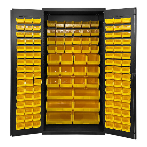 A black steel storage cabinet with yellow bins inside.