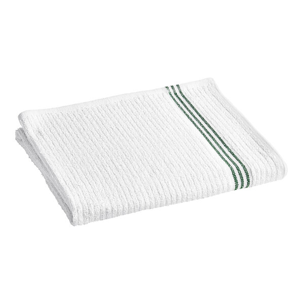 A white gym towel with green stripes.