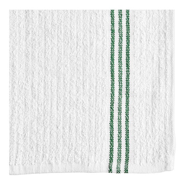 A white towel with green stripes on it.