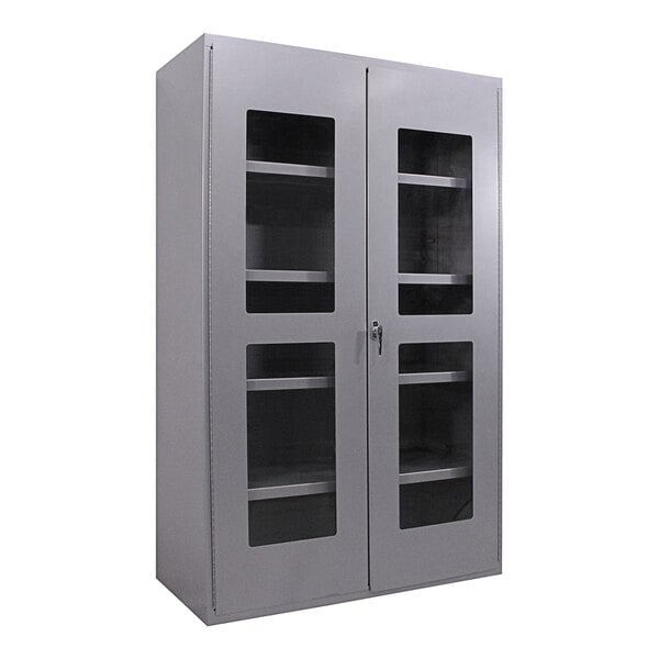 A grey Valley Craft steel storage cabinet with clear glass doors.