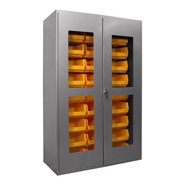 A grey metal Valley Craft storage cabinet with yellow bins inside.