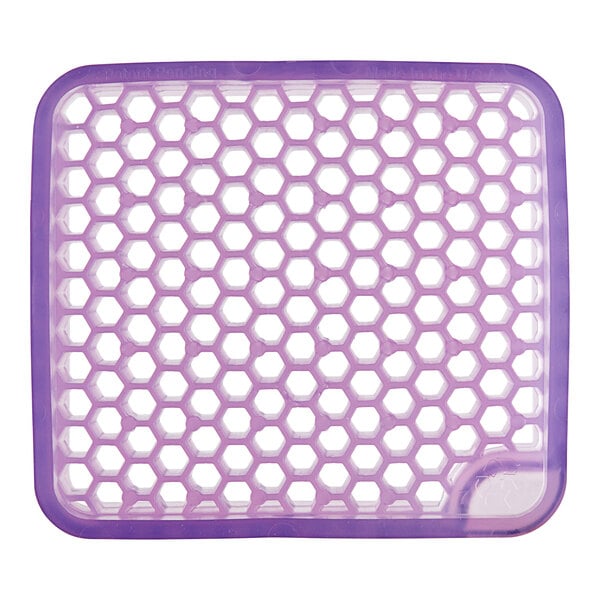 A purple and white plastic container with a hexagonal pattern and holes.