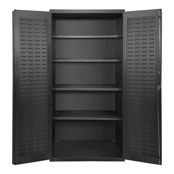A black metal Valley Craft storage cabinet with open shelves.