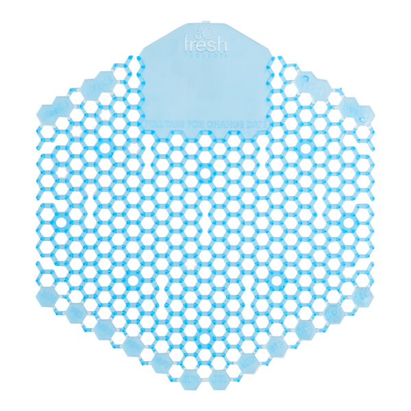 A blue and white hexagon shaped urinal screen.