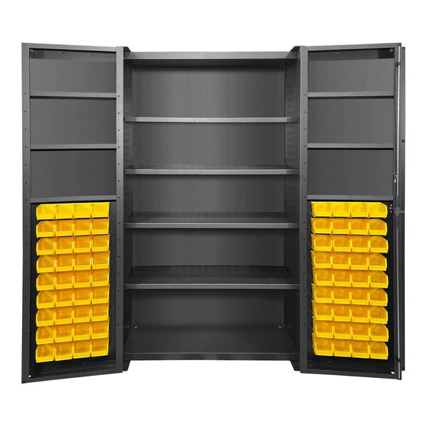 A black metal Valley Craft storage cabinet with yellow bins and door shelves.