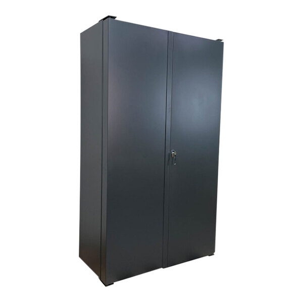 A black steel Valley Craft storage cabinet with doors and yellow bins inside.