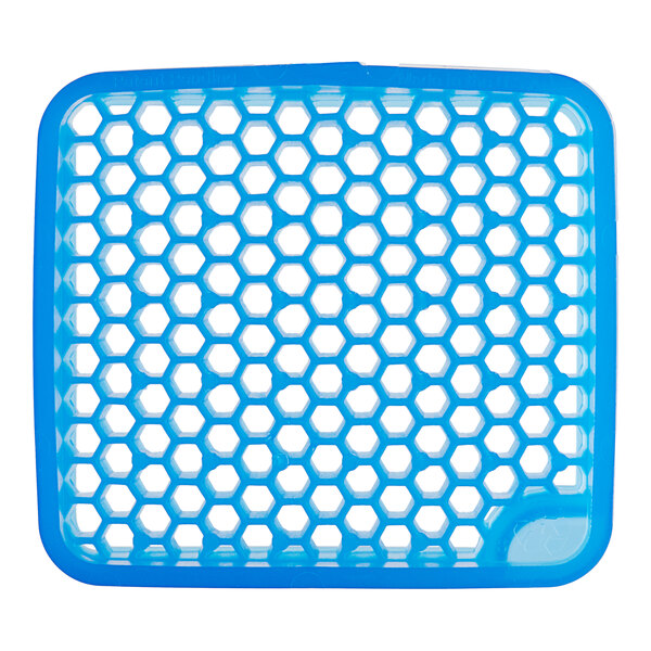 A blue plastic basket with white hexagons.