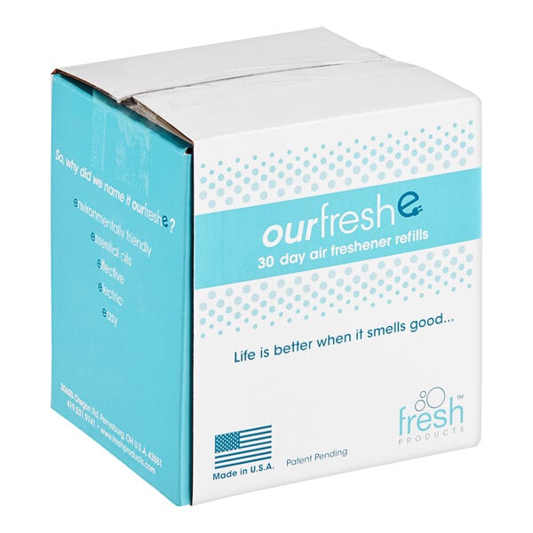 A white box with blue and white text for 6 Ourfresh Cotton Blossom air freshener refills.