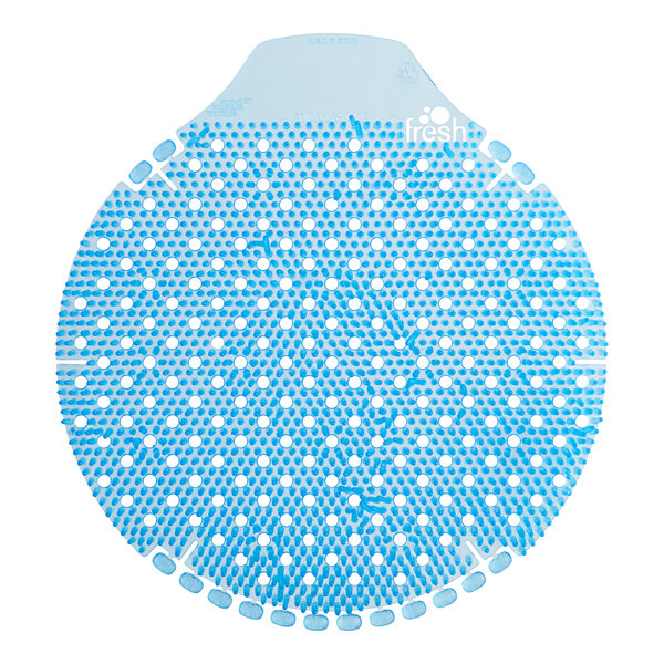 A blue and white circular urinal screen with dots.