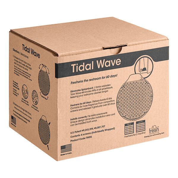 A cardboard box containing Fresh Products Tidal Wave cotton blossom scent urinal screens.