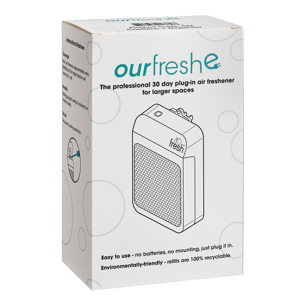 A white box of 6 Ourfresh air freshener cabinets with a black and white drawing of a device.