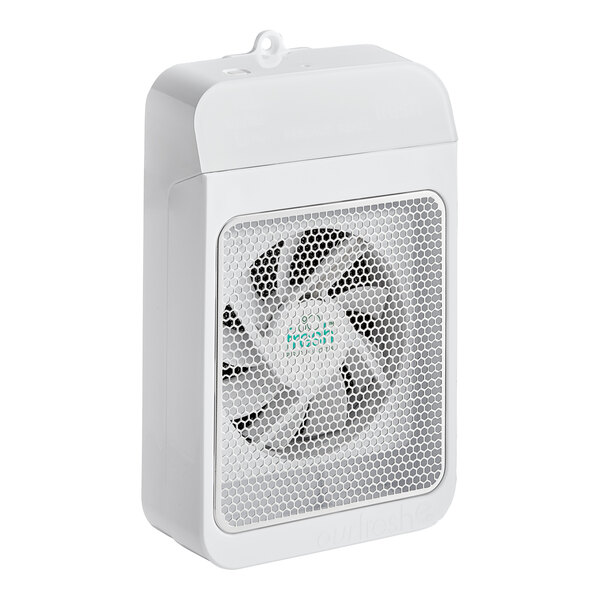 A white air freshener cabinet with a honeycomb-patterned front cover and a visible fan inside.