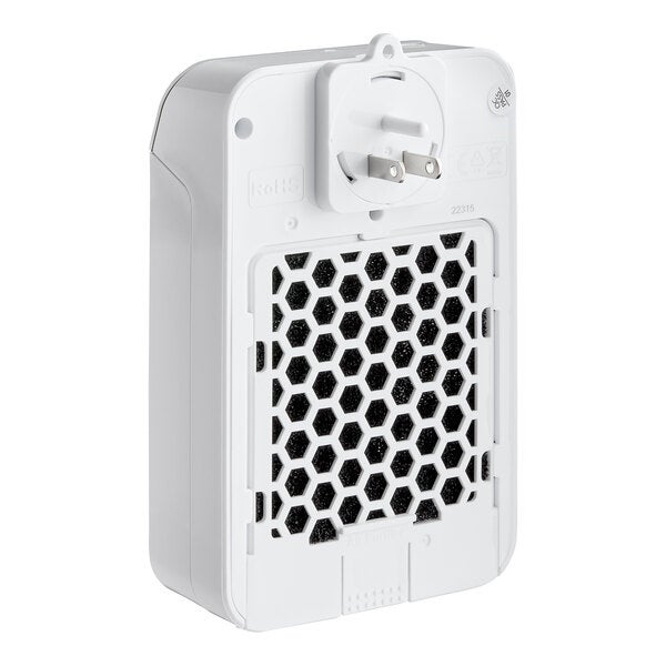 An air freshener cabinet with a hexagonal vent design and a plug for electrical outlets.