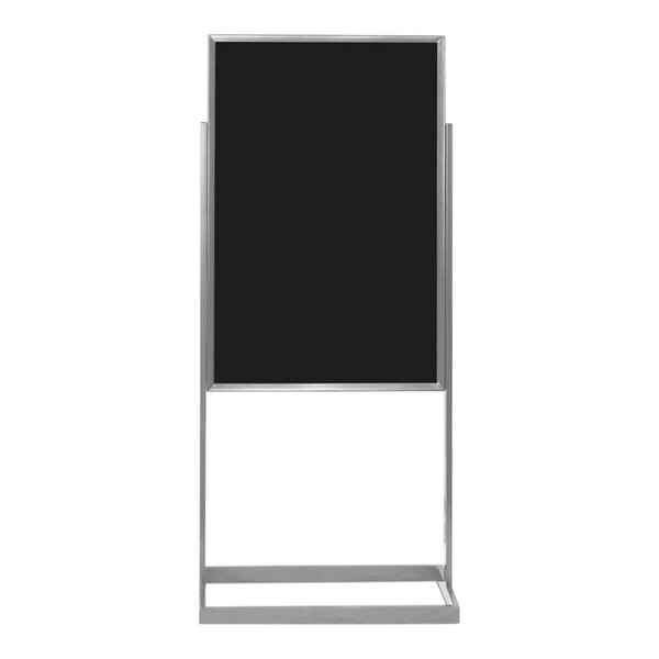 A black board with a United Visual Products aluminum frame on a white stand.