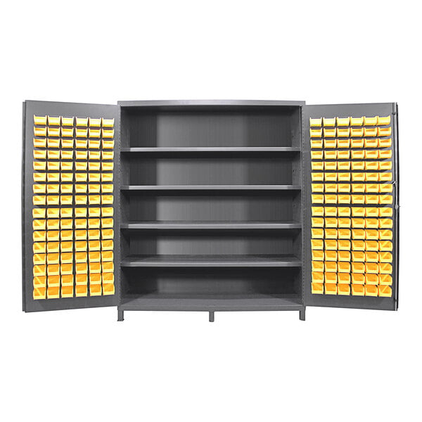 A grey Valley Craft steel storage cabinet with yellow bins on the shelves.