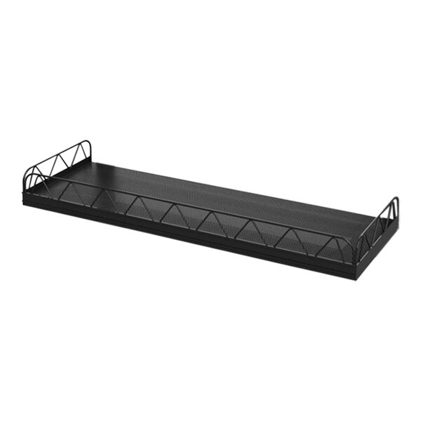 A black rectangular Borray metal shelf with perforated metal bars.