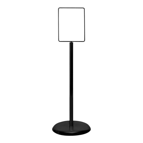 A black pole with a black base holding a white sign.