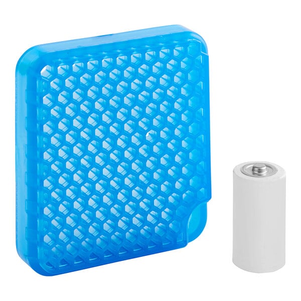 A white rectangular plastic container with a blue and white label for Ourfresh Cotton Blossom air freshener with a blue battery inside.