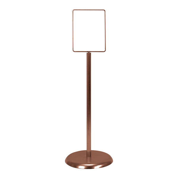 A brown metal pole with a rectangular bronze sign holder on it.