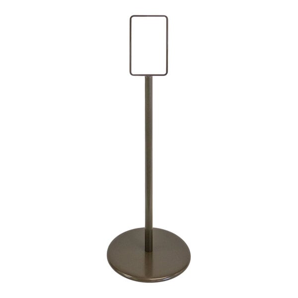 A bronze single-sided pedestal sign holder with a rectangular frame and round base.