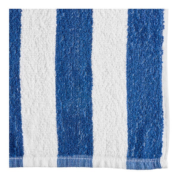 An Oxford 100% cotton pool towel with blue and white stripes, including a white stripe.