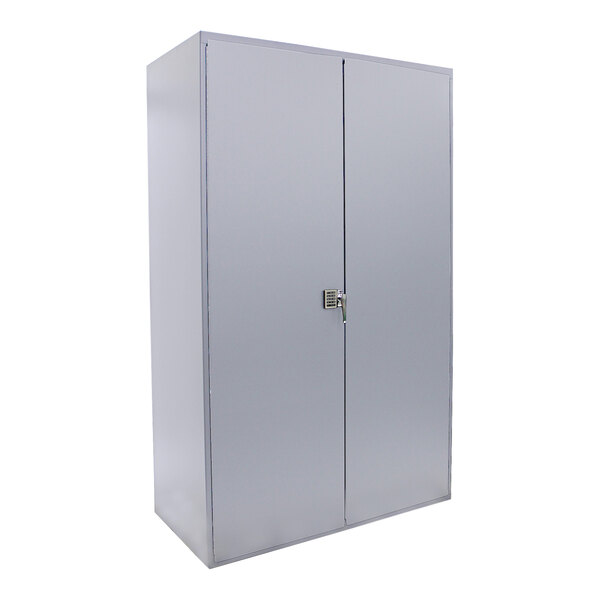 A silver steel Valley Craft storage cabinet with two doors and a lock.