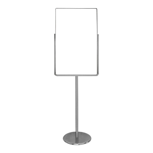 A chrome pedestal sign holder with a white sign on it.