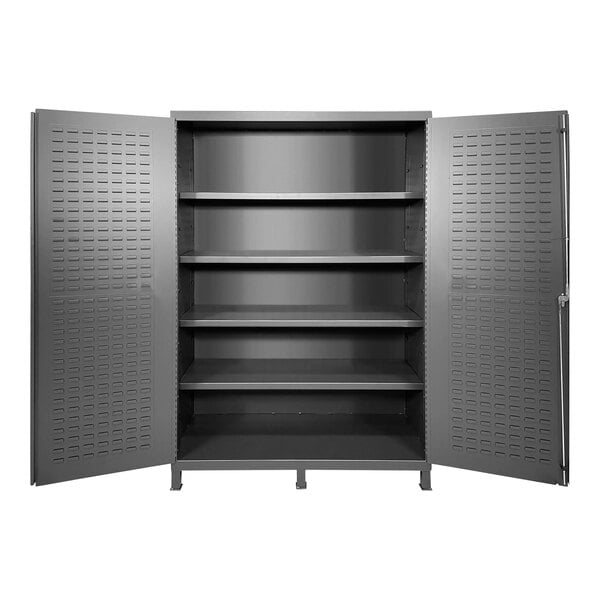 A gray Valley Craft metal storage cabinet with open doors.