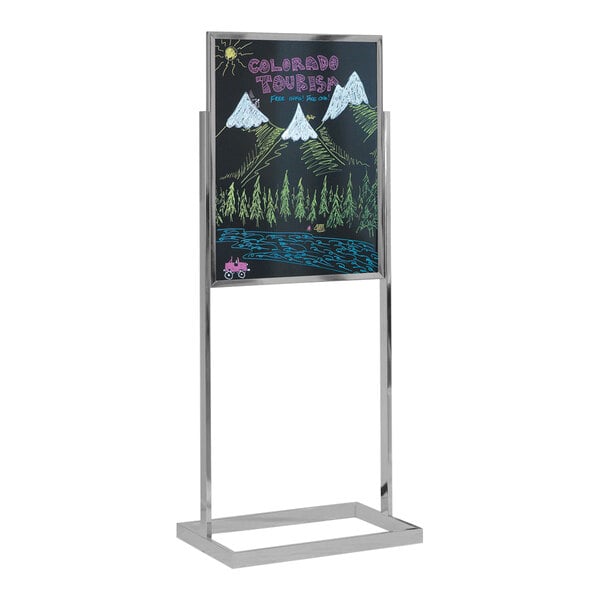 A United Visual Products black double-sided pedestal dry erase board on a metal stand with an aluminum frame.