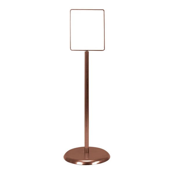 A brown metal pole with a United Visual Products bronze sign holder on it.