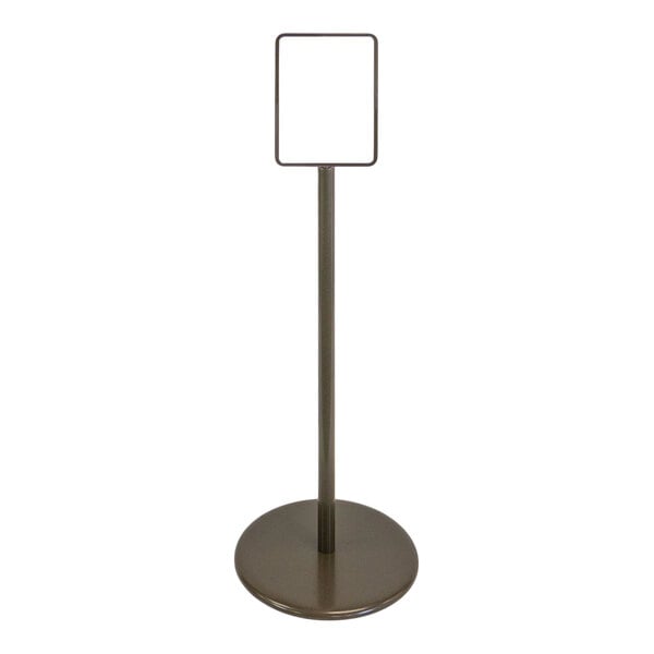 A bronze single-sided pedestal sign holder with an 8 1/2" x 11" frame and a round base.