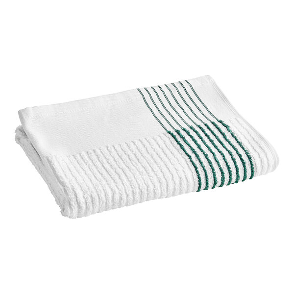 A white gym towel with green stripes.
